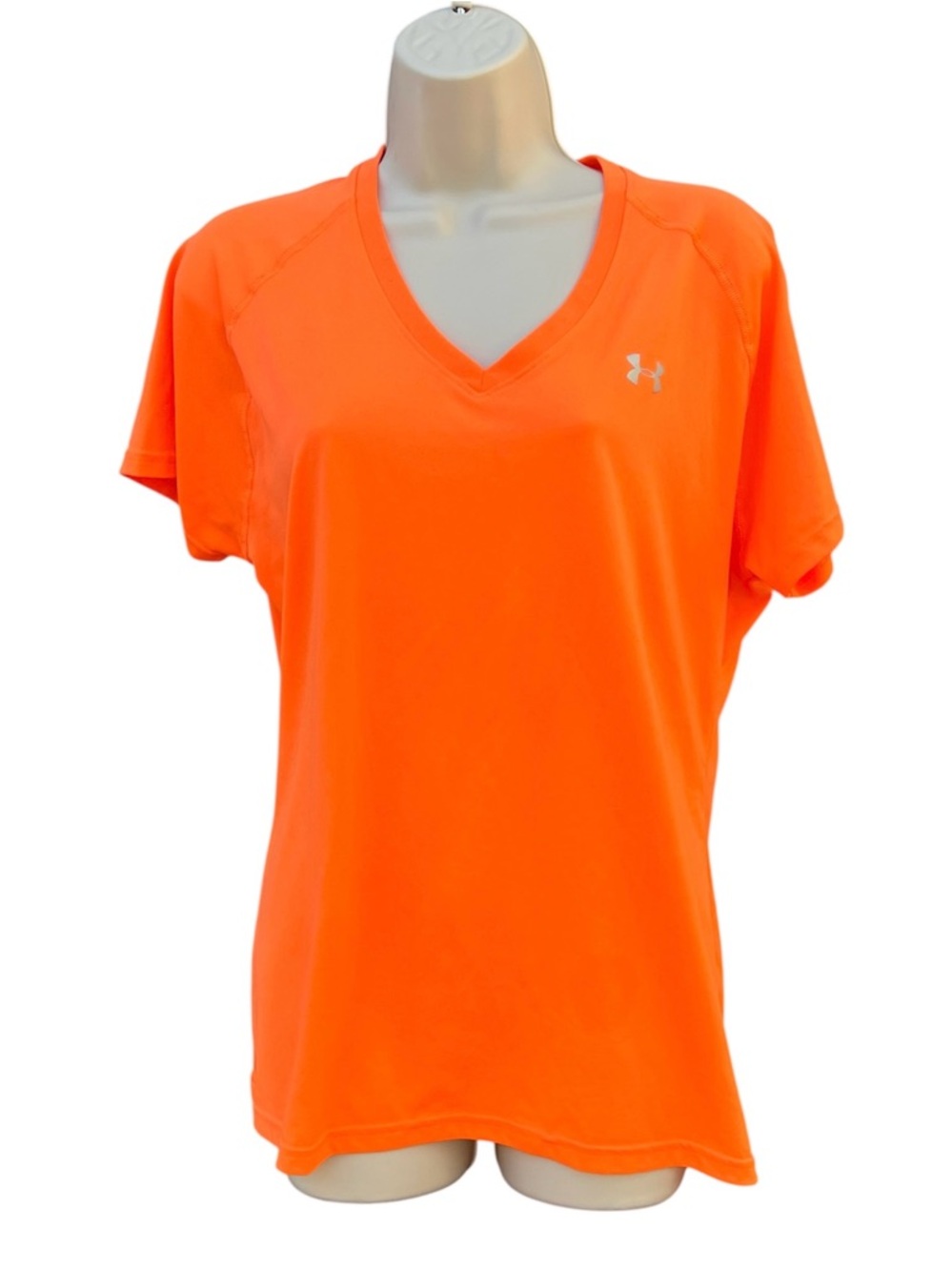 Under ARMOUR Women's XL  V Neck Heat Gear Orange Active Workout Short Sleeve Top
